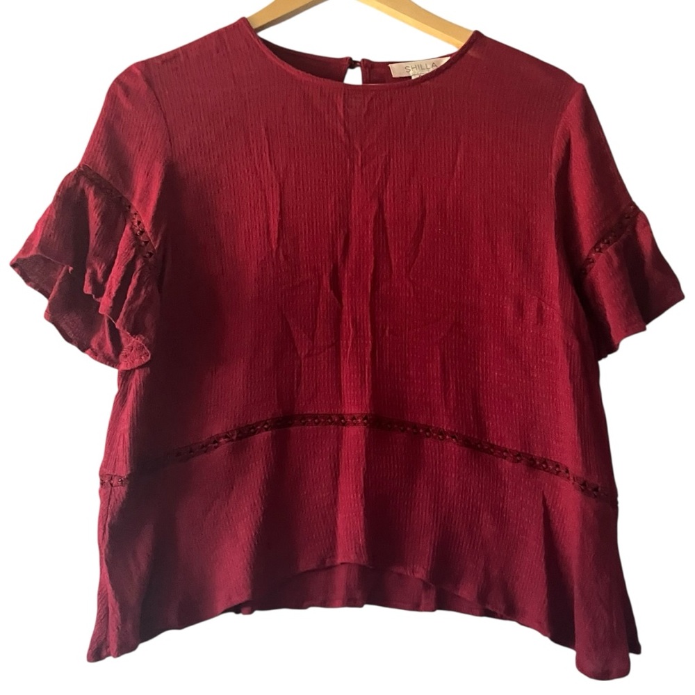 Shilla Chic Burgundy Ruffle Sleeve‎ Blouse Women's Sz S Boho Casual Lace Cut Out